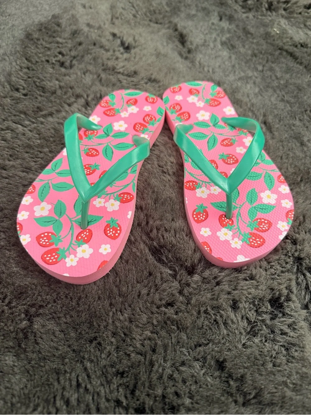 Old Navy Pink Strawberry Print Flip Flops with Green Straps